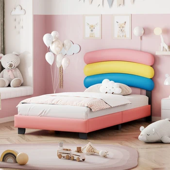 Детско легло тапицирано легло 90*200см с решетъчна рамка, дъгова форма PU кожа момче и момичета легло розово (матрак не включва