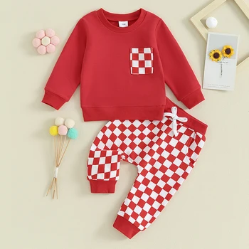 Малко дете бебе момче есен зимни дрехи шахматна дъска дълъг ръкав суитчър панталони анцуг комплект карирана карирана карирана облекло