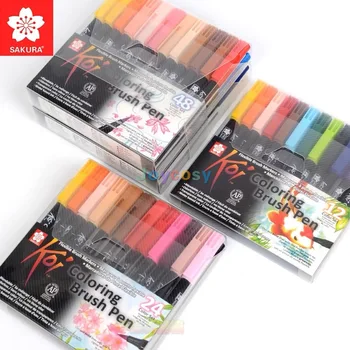 Sakura Koi Комплект писалки за оцветяване, 6 12 24 48 цвята, гъвкав и силен найлонов накрайник за четка, идеален за илюстрация, манга, комикс