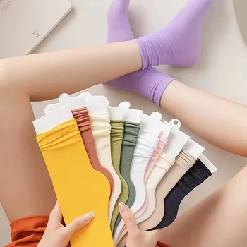 5Pairs/set Жените колоритен хлабав не пилинг чорапи плетене ребро тънък пролет лято женски чорапи висока тръба улично облекло мек чорап