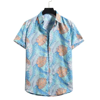 Мъже печат флорални ризи завой-надолу яка къс ръкав тениски лято плаж стил фоайе бельо сън върховете палто дома яке
