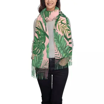 Дамски шал зимни тропически зелени листа тънки топли нос обвивки женски бандана пашмина дълъг пискюл женски