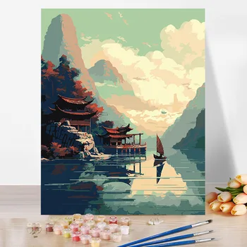 Китайски стил пейзаж ръчно попълнен цифров живопис с маслени бои DIY акрилна боя за декомпресиране на взаимодействието родител-дете