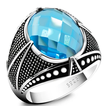 Нов мъжки стъклен каменен пръстен 925 стерлингово сребро млад овален син скъпоценен камък пръстен мъже и жени ретро турски късмет бижута съпруг подарък