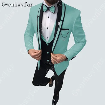 Gwenhwyfar Нова мода 3 броя мъжки костюми за сватбени шевове ревера младоженец костюми тънък годни сватба смокинги (яке + панталони + жилетка)