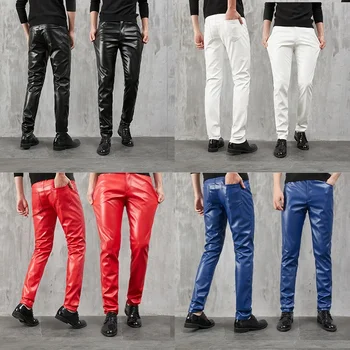 2023 Пролет и есен Нови мъжки разтегливи кожени панталони Slim Fit Trend Тесни ежедневни панталони за мъже PU