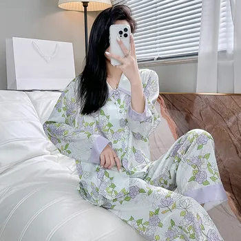 Секси лилаво флорални печатни сатен високо качество спално облекло жени лед коприна домашно облекло пижама дълъг ръкав риза панталони нощно облекло