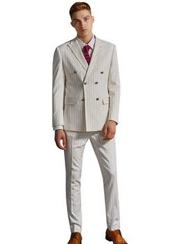 Мъжки райета костюм две парчета връх ревера двойно гърди смокинг панталони & яке комплект бизнес