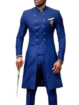 Нов по поръчка Royal Blue Groomsmen дълги смокинги стендъп яка нетактичност панталони сватбено парти мъже костюми 2бр (яке + панталони + вратовръзка)