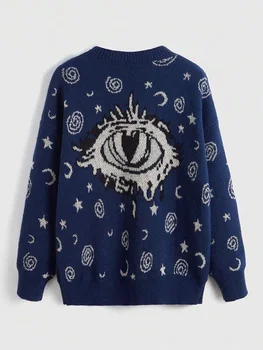 Y2k дамски дрехи пуловер плета кръг врата дълъг ръкав жакард модел извънгабаритни улично облекло реколта тъмно отгоре зимни дрехи 