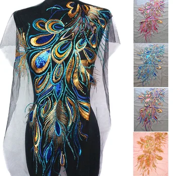 Sequins Peacock Phoenix Feather Mesh Embroidery Cloth Patch Applique Cheongsam Dress Stage DIY Sew Patch For Wedding Decoration