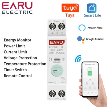 Tuya WiFi интелигентен прекъсвач MCB таймер 1P + N 63A мощност енергия kWh напрежение ток метър протектор глас дистанционно управление превключвател
