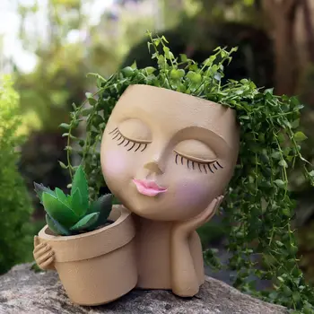 Момичета лицето главата цвете плантатор затворени очи фигура скулптура смола цвете саксия с дренаж дупка карикатура кукла ваза