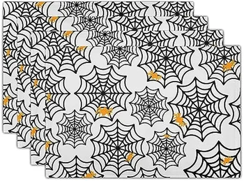 Хелоуин призрачен паяжина Placemats комплект от 4 Хелоуин страшно бял оранжев паяк мрежа миеща се нехлъзгаща топлина 12x18 инча