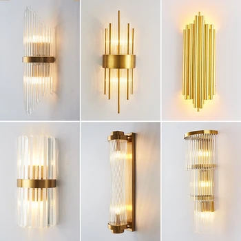 Nordic Златни луксозни стенни лампи Кристални свещи Осветителни тела за хол Спалня Нощно шкафче Декор Модерни прости Led стенни светлини