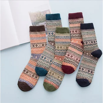 Есенни и зимни чорапи Мъже Жени Двупосочни ретро вълнени чорапи Чист памук етнически стил Топли японски унисекс чорапи носки мужские