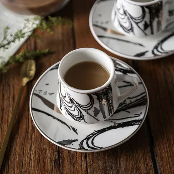 Керамична чаша за кафе и чинийка комплект 180ml Домашен мраморен модел с рафт Луксозен комплект за следобеден чай Концентриран 80ml чаша за кафе