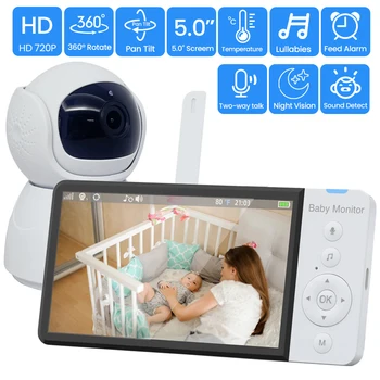 5.0 инчов безжичен видео бебешки монитор 5000mAh батерия IPS екран с бавачка PTZ камера 2-посочно аудио VOX приспивна песен