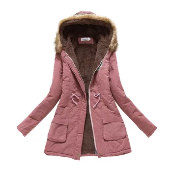 Дамски топли удебелени качулка палто зимата руно мода облицована сняг палто шнур ватирани връхни дрехи зимно яке за жени
