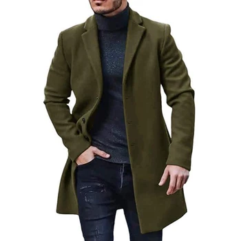 Зимен мъжки тренчкот Твърдо свободно облекло Корейски дълъг ръкав палто Средно дълъг вълнен еднореден дълъг палто Streetwear