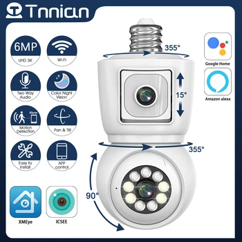 Tnnian 6MP двоен обектив E27 крушка WiFi PTZ камера с двоен екран AI човешко проследяване Вътрешна 4MP IP камера за наблюдение на сигурността ICSEE PRO